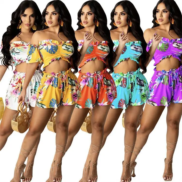 

MOEN Newest Design Off Shoulder Tropical Floral Printed 2 Piece Casual Women Clothing Two Piece Women Short Sets