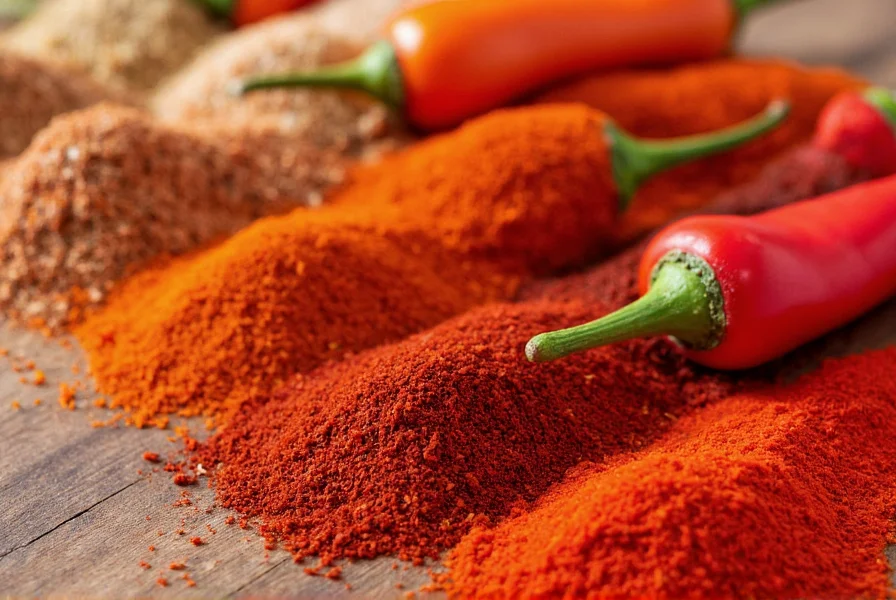 Close-up of various crushed red pepper substitutes including cayenne, paprika, and fresh chili peppers arranged on wooden table