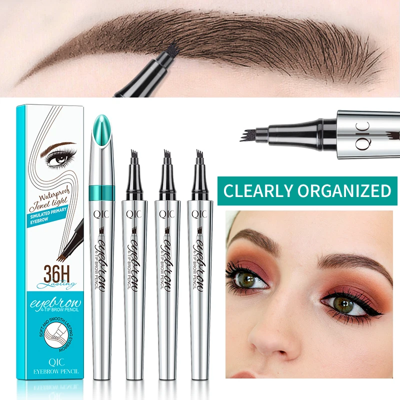 Qic Elastic Sponge 4 Tips Brow Pencil Simulated Primary Eyebrow Waterproof Pencil Soft Lasting 