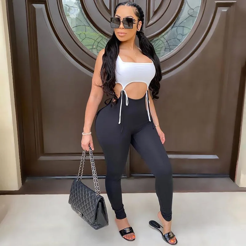 

Qzpopular 2021 Autumn Print Cut Out Halter Romper Backless Bow Long Jumpsuit Workout Active Tight Women Two Piece Sets