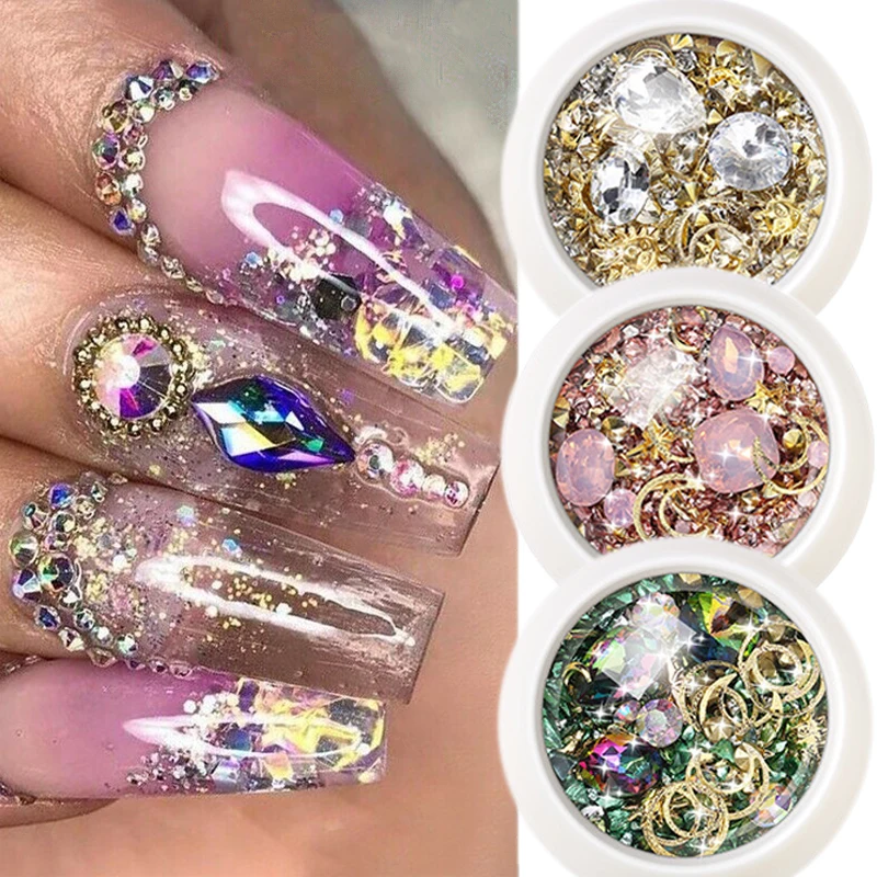 

Crystal Nails Rhinestones Metal Rivet Shiny Gems Stones 3D DIY Tips Charm Nail Art Decorations Design Manicure Diamonds, Picture