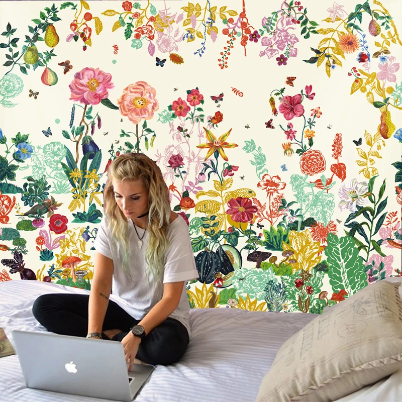 

Custom Tapestry Brightly Colored Flowers Fruits Vegetables Tapestry Tapestry Wall Hanging, Customized color