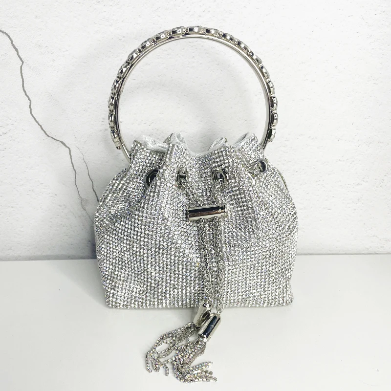 

Luxury Designer Diamonds Tassel Bucket Evening Clutch Bag Women Chain Metal Handle Crystal Purse Bridal Wedding Party Bag, Silver