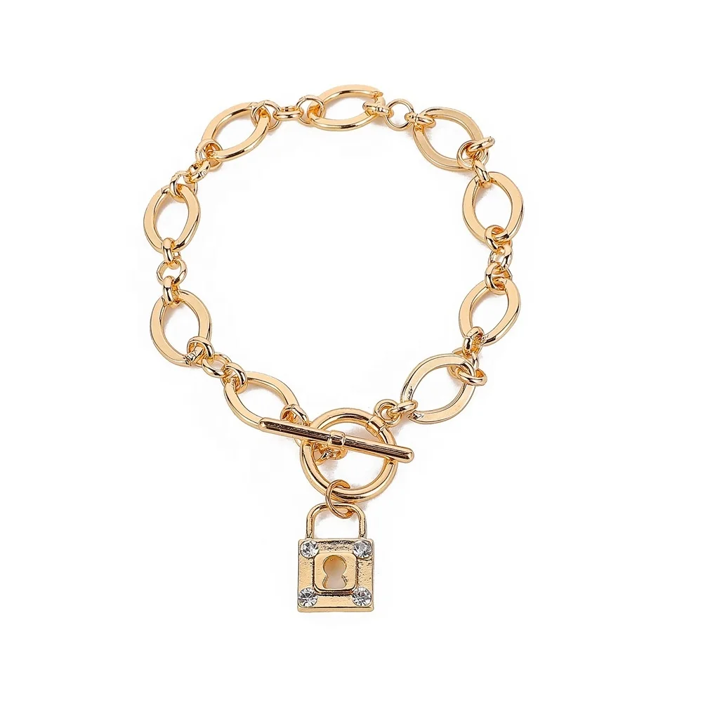 

Fashion Gold Alloy Cable Link Chain with OT Toggle Clasp lock pendant charms Bracelet Jewelry For Couple Square Padlock Bracelet, Picture