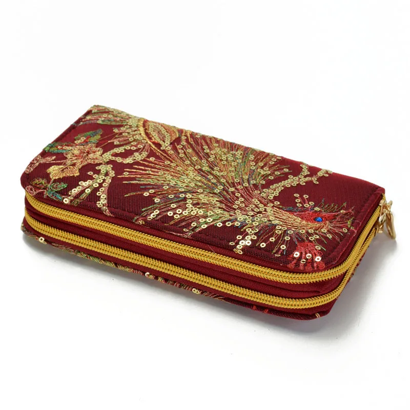 

Ethnic Style Double Sided Embroidery Features Peacock Embroidery Long Zipper Hand Change Mobile Phone Bag Wallet