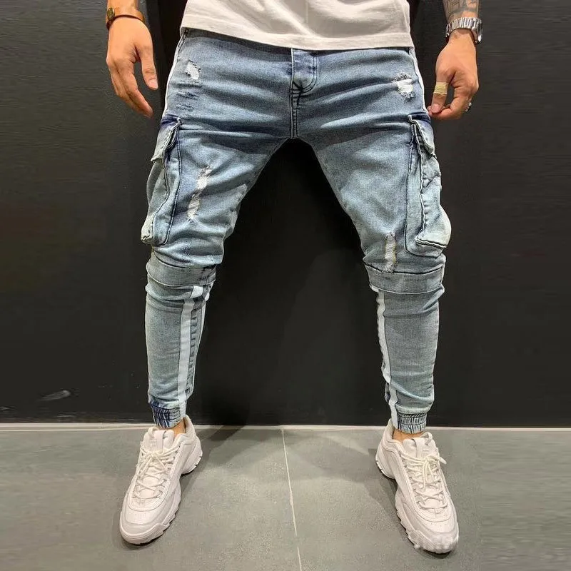 

2021 Casual Street Fashion Pocket Cargo Pants Knee Holes Zipper Feet Vaquero Men Trousers Jeans, Light blue