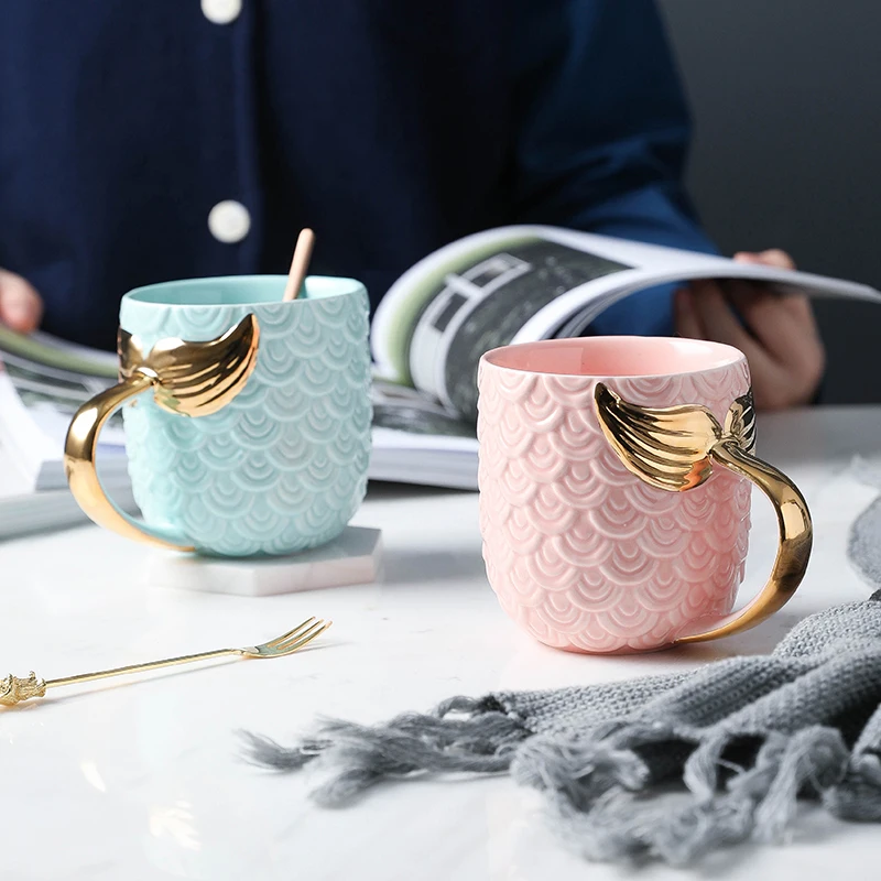 

Newest 3D Unique Golden Handle Mermaid Tail Ceramic Gift Mug, Pink blue