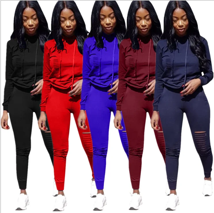 

Women's Casual Ripped Pullover Hoodies Sweatpants 2 Piece Set Women Sport Outfits Set