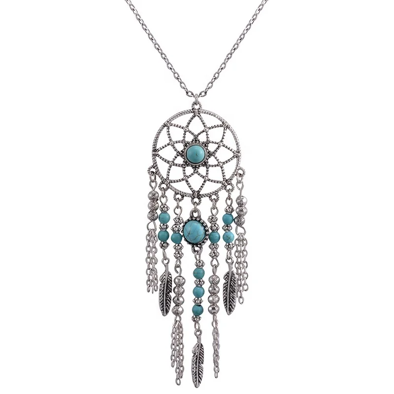 

Vintage fringed feathers turquoise necklace bohemian jewelry dream catcher sweater necklace N175