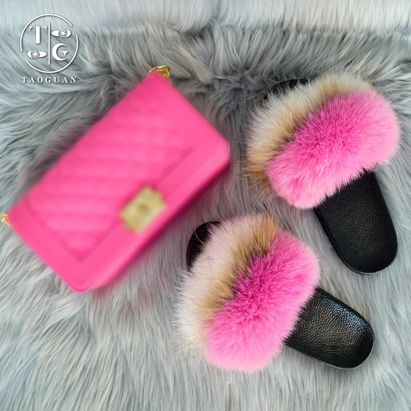 

Wholesale Women Furry Shoes Slipper Sandals Fur Slides And Matching Jelly Purse Sets For With Kids, Customized color