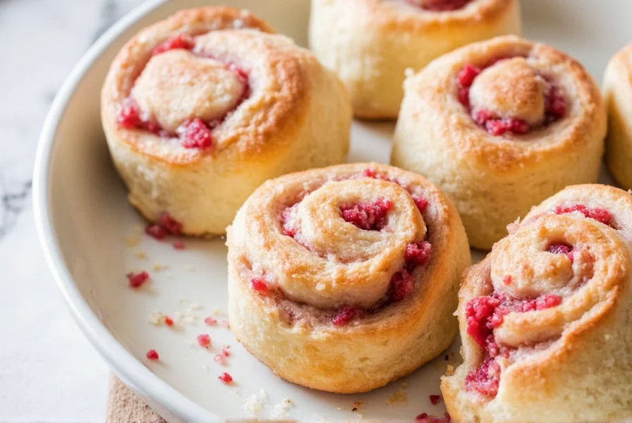 Close-up of raspberry cinnamon rolls with gooey filling and cream cheese frosting on a baking sheet