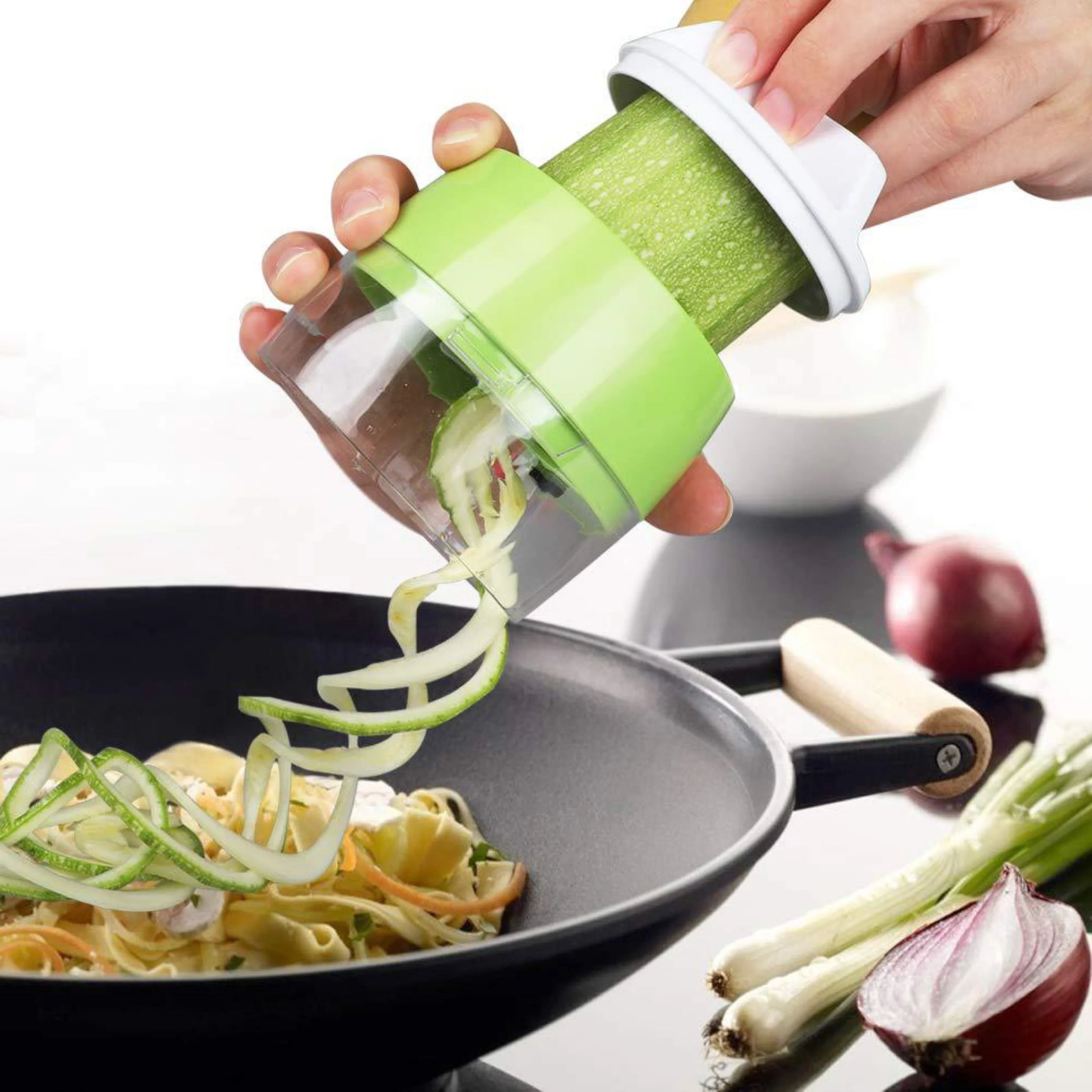 

Cookware Hand-held spiral vegetable multi-function cutter 5 in 1 coiled shredder adjustable grater, Green white