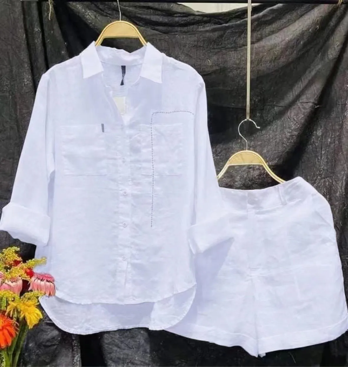 4XL  Summer Casual Shirt Two Piece Set for Women Shorts 2 Piece Sets Outfit Solid Color Long Sleeve Short Sets Outfits Home