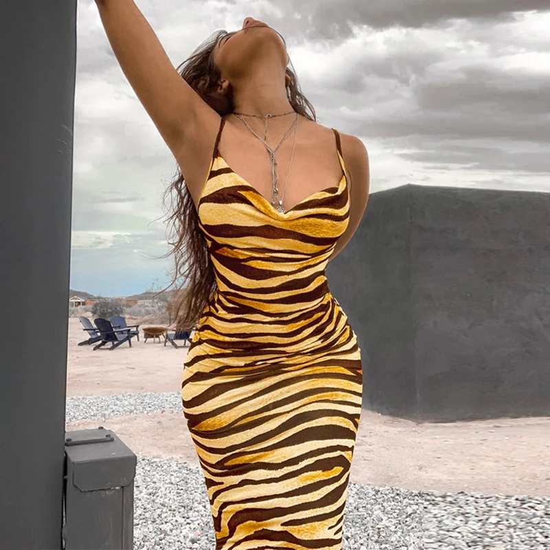 

2021 Stylish Tiger Print Spaghetti Strap Sleeveless Bodycon Maxi Party Elegant Evening Dresses For Women