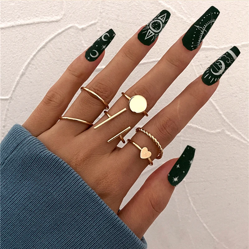 Trendy Gold Geometric Round Heart Rings Set For Women Girls Punk Simple Cross Finger Rings Trend Jewelry Party