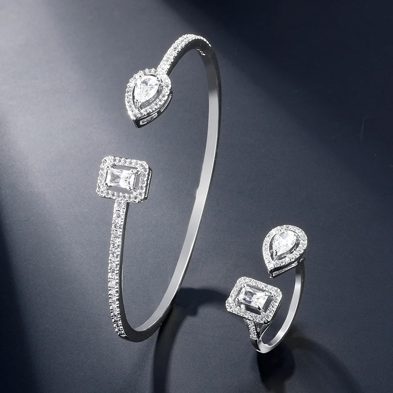 

RAKOL SP3046 Women Luxury Cubic Zirconia Adjustable Ring Bridal Jewelry Set for Wedding Dinner