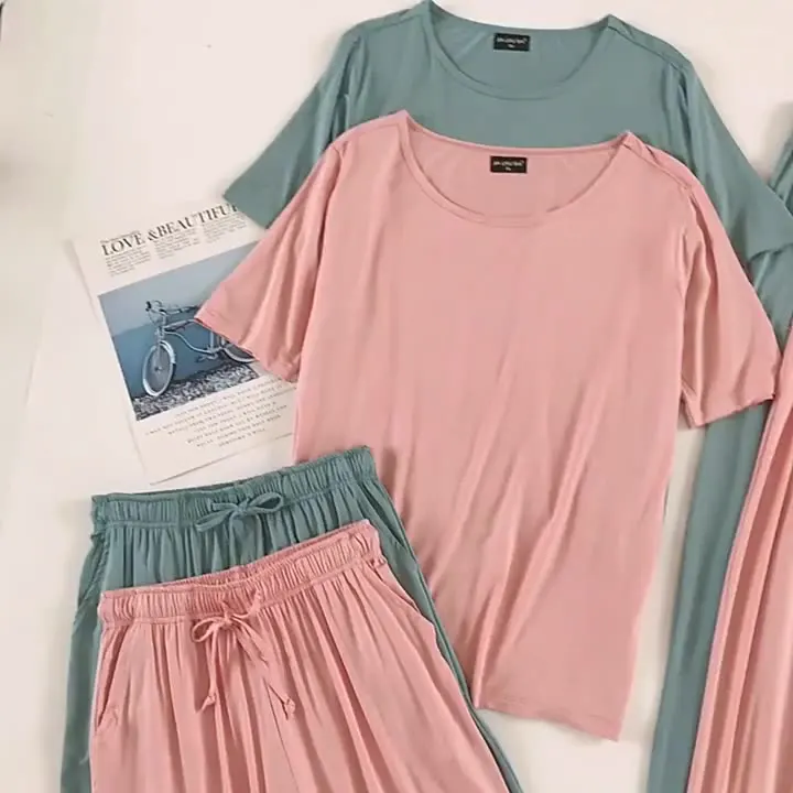 

3Pcs Women Modal Pajamas Set Plus Size Short Sleeve Top Shorts Long Pants Sleepwear Solid Summer Casual Homewear, Customized color