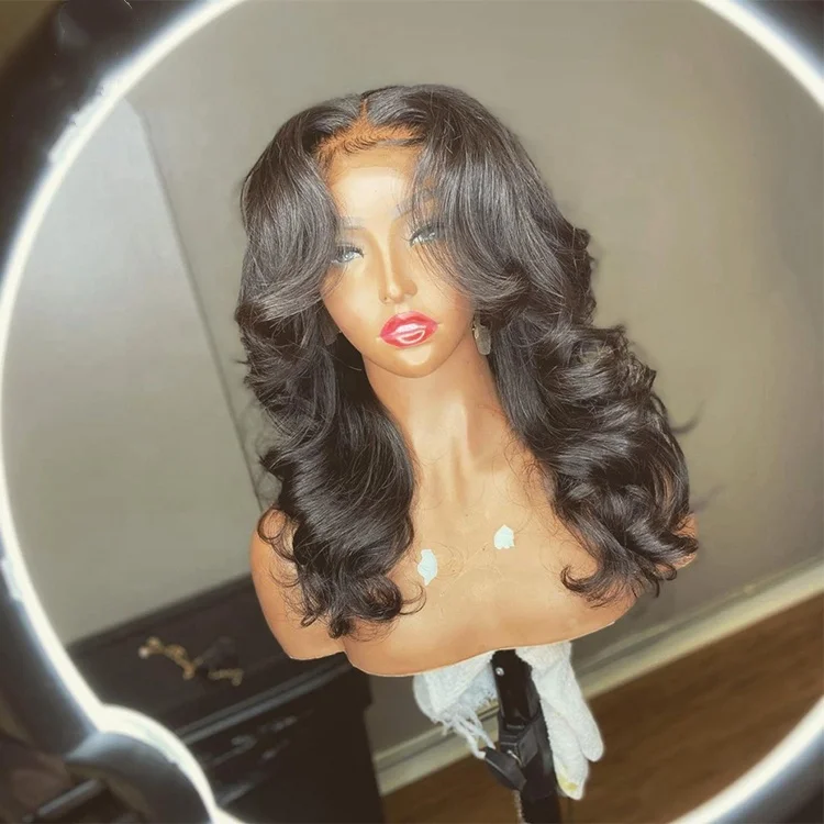 

Natural Black Color Long Wavy Middle Part Transparent Swiss Lace Cuticle Aligned Human Hair Lace Front Wigs