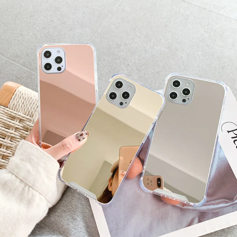 

luxury pc tpu mirror phone cases makeup case with mirror for iphone 11 12 12promax clear case, 3colors