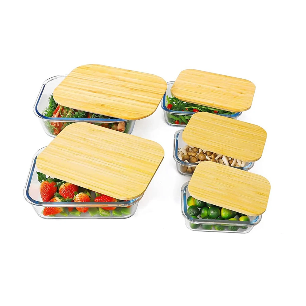 

Glass Meal Food Container With Bamboo Lid Promotion Round Square