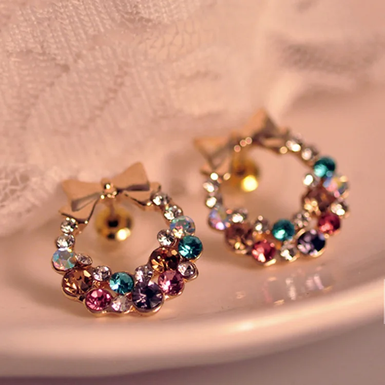 

New Fashion Design Colorful Rhinestone Butterfly Bow Stud Earrings for Women Brincos Party