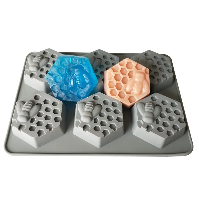 

0367 Hexagon 6 with bee soap silicone mold 6 hole honeycomb ice tray cake baking mold DIY, Grey