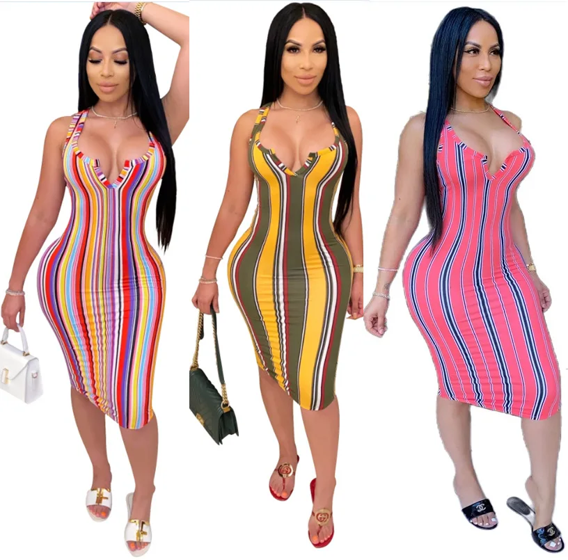 

New arrival women's fashion striped printed casual plus size sexy slim dresses