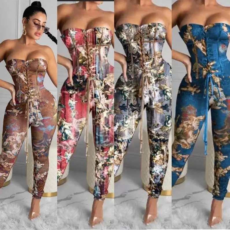 

2021 Womens Clothing one Piece Corset Jumpsuit Set Sexy Bodycon Printed Slim Sweat Suits Women onesie Piece Lace up Sets