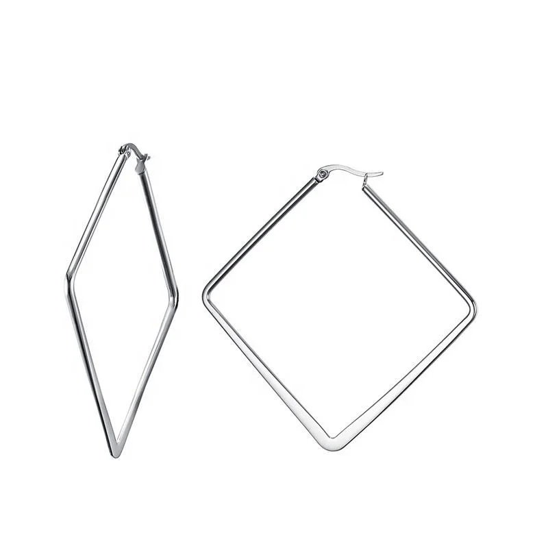 

Minimalism Rhombus Lady Daily Life Rose Gold 316L Stainless Steel Big Square Hoop Stud Earrings, Gold,silver,black,rose gold