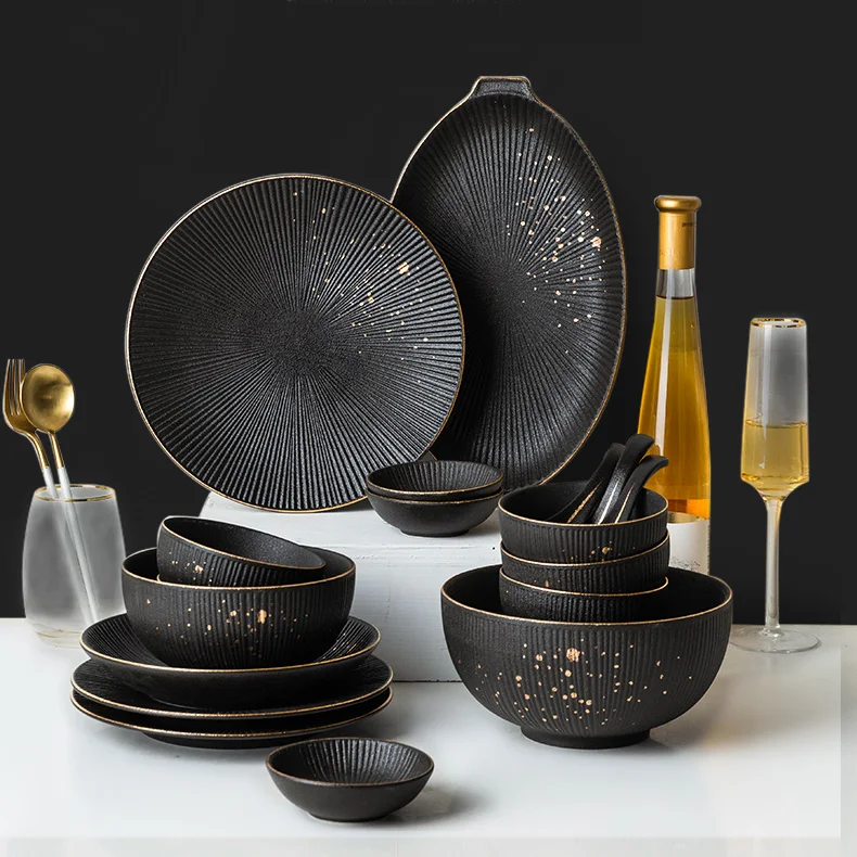 

MONAZONE Creative Ceramic Black Gold Edge Steak Plate Dish Dinnerware Set