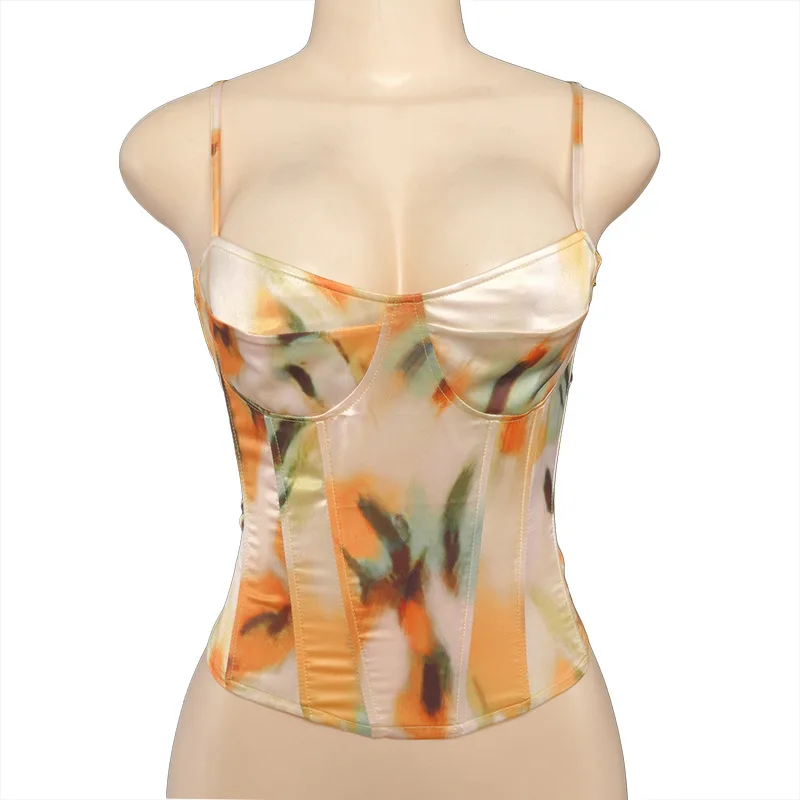 

High fashion V neck satin silk print structured sexy orange tie dye corset print crop top