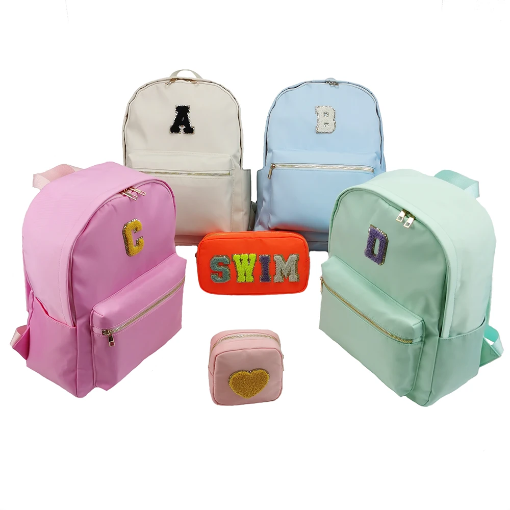 

Hot Selling Waterproof Nylon Backpack Custom Logo Chenille Letters Patches Backpack