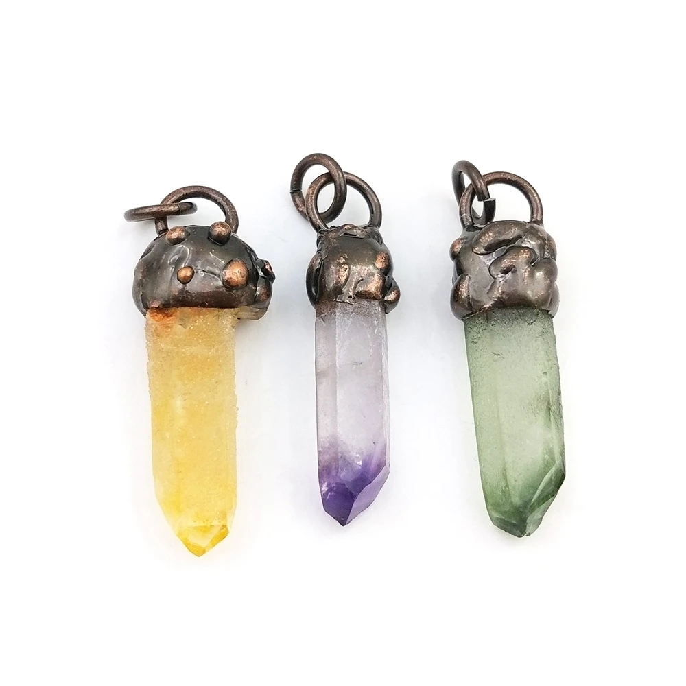 

Natural Citrine Stone Lucky Crystal Point Pendant Green Fluorite soldered Charms antique bronze plated For Jewelry Making, Multi color
