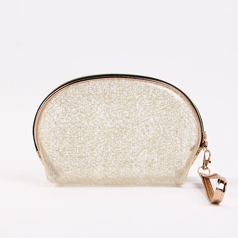 

new shiny golden silk semicircle high quality translucent cosmetic bag with handle zipper