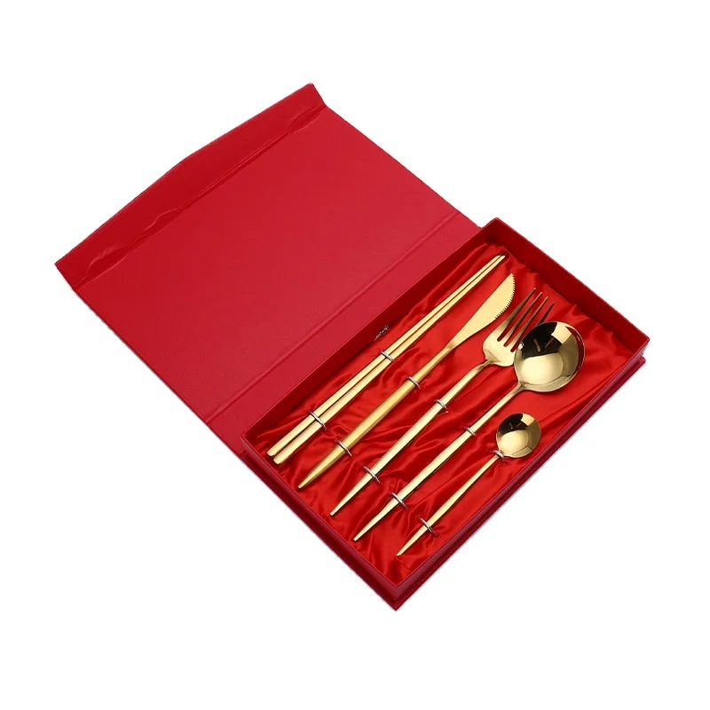 

5PCS Flatware Spoon Fork Knife Chopsticks 18/8 Stainless Steel Gold Cutlery Set For Wedding, Silver/rose gold/gold/colorful/black/gold+color handle