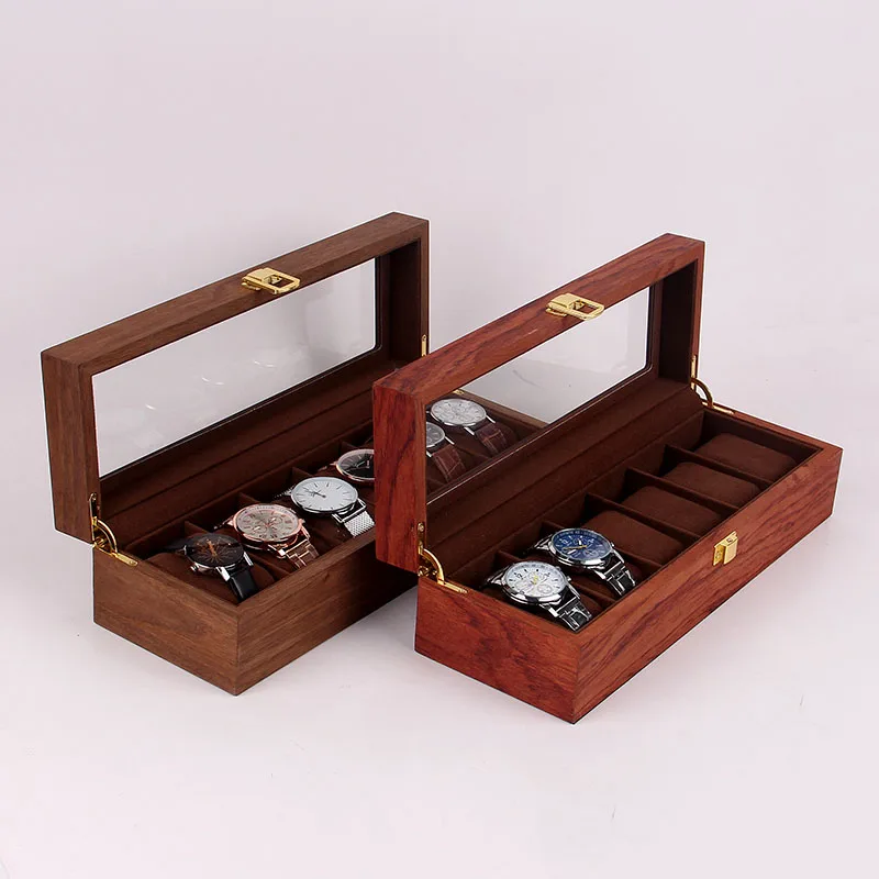 6 Slots Wooden Grain MDF Watch Packaging Box Red Wood Watch Boxes Cases