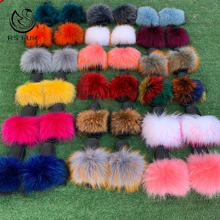 

New design custom color logo furry raccoon slippers women kids racoon fur slide vendor, Pink,yellow,white,black,green,or custom