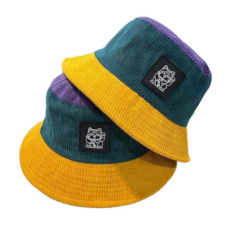 

Custom Winter Warm Leather Applique Logo Hats Corduroy Bucket Hat Mix Color 100% Cotton Flat Wide Brim 100%cotton Character