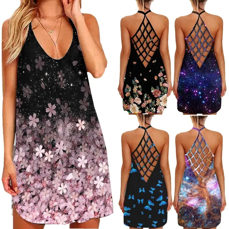

2021 summer new style printed hollow V-neck open back party club sexy dress