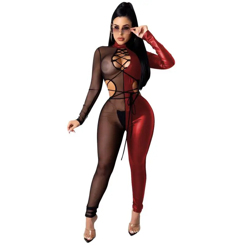 

2021 new arrival summer women bandage colorblock full-length jumpsuit women sexy playsuit