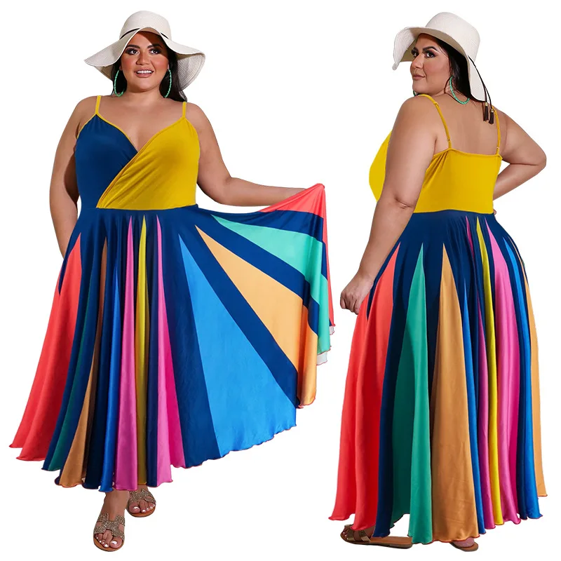 

PSD2095 Fast Delivery Women Plus Size Clothing Colorful Pleated Maxi Slip Summer Casual Dress, As show