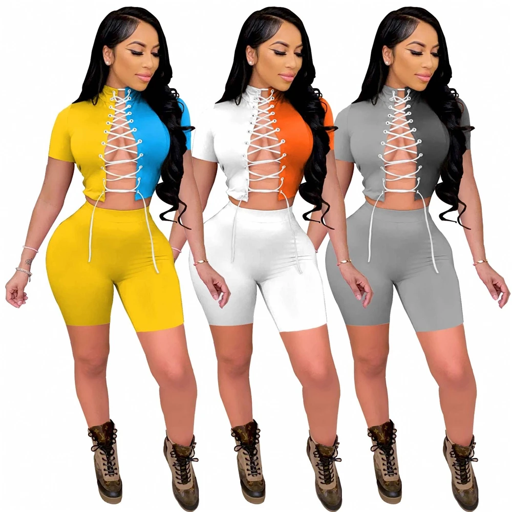 

EB200417 Woman Bandage Tops Fashionable Clothes Girls Street Wear Trousers Two Piece Summer Biker Short 2 Piece Short Outfit Set