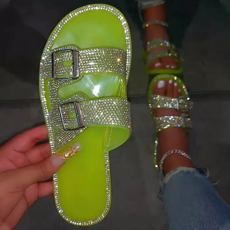 

LX-215 Summer waterpoof sequined rhinestone beaded double cross strap jelly buckle sandals slipper for women beach flat sandals, Picture show , squine colors