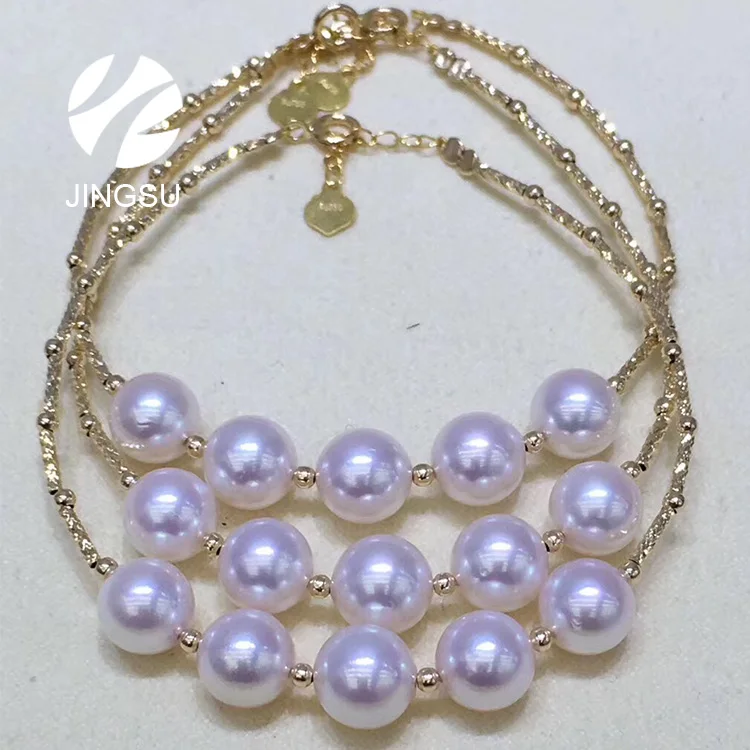 

top quality Japanese Akoya cultured pearl bracelet bangle with 18K yellow gold women fashionable design, Picture