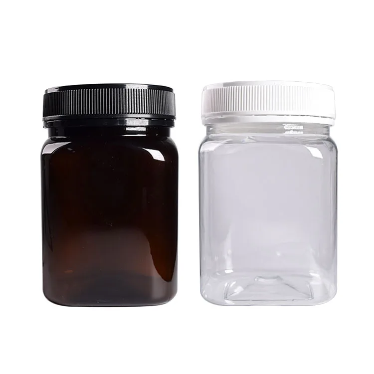 Food Grade 500ml Pet Plastic Transparent Square Honey Jar With