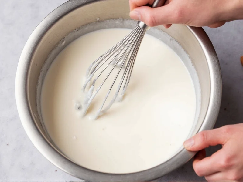Hand whisking fresh cream in chilled metal bowl
