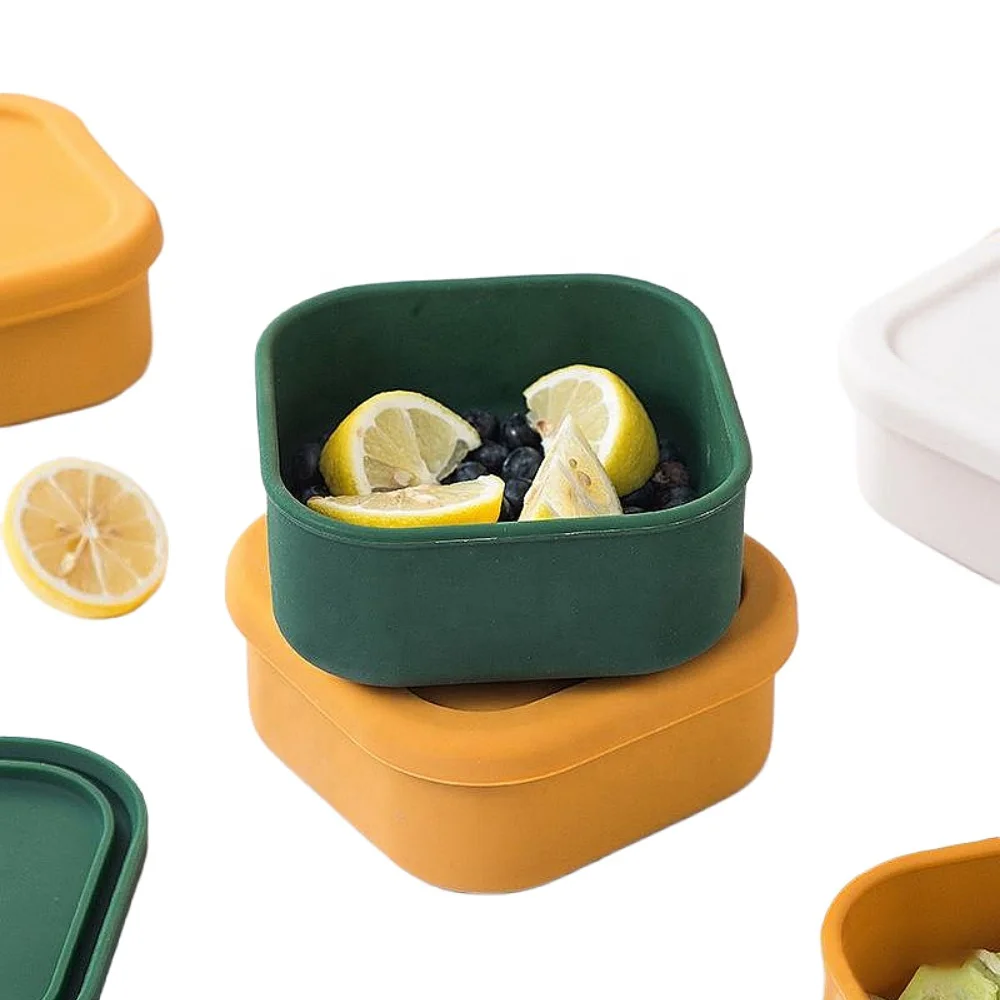 Reusable Silicone Kid BPA Free Leakproof Food Storage Box Square Fruit Snack Container With Silicone Lids