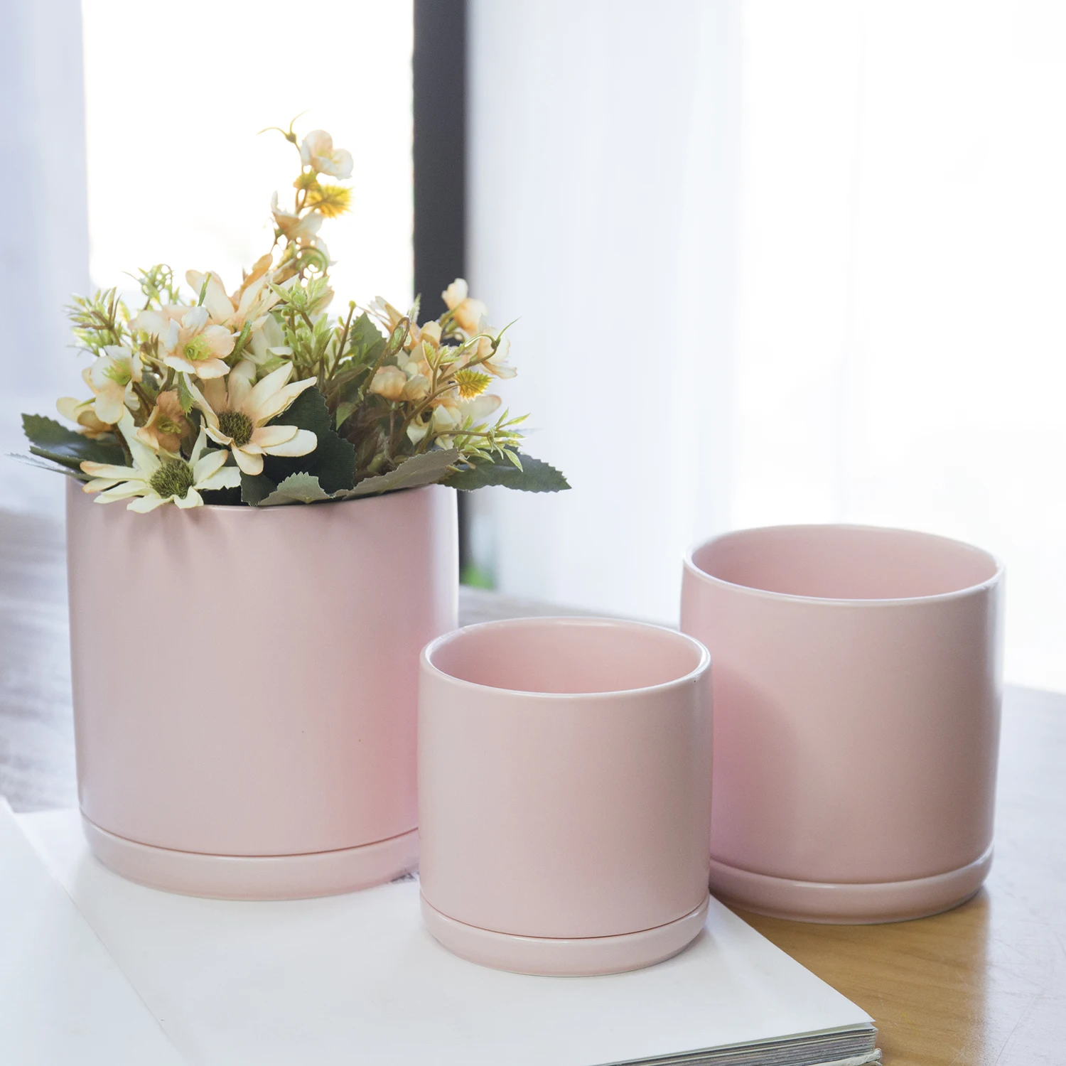 

Nordic 3 Sets Ceramic Cactus Planter Pot Matt Pink Succulent Stand Flower Plant Pots With Ceramic Tray