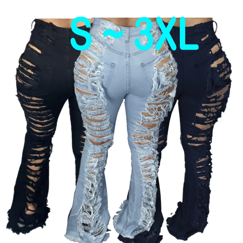 

2021 Amazon New Fashion Flare Trendy Bell Bottom Destroyed Flared Distressed Denim Ripped Jean Women