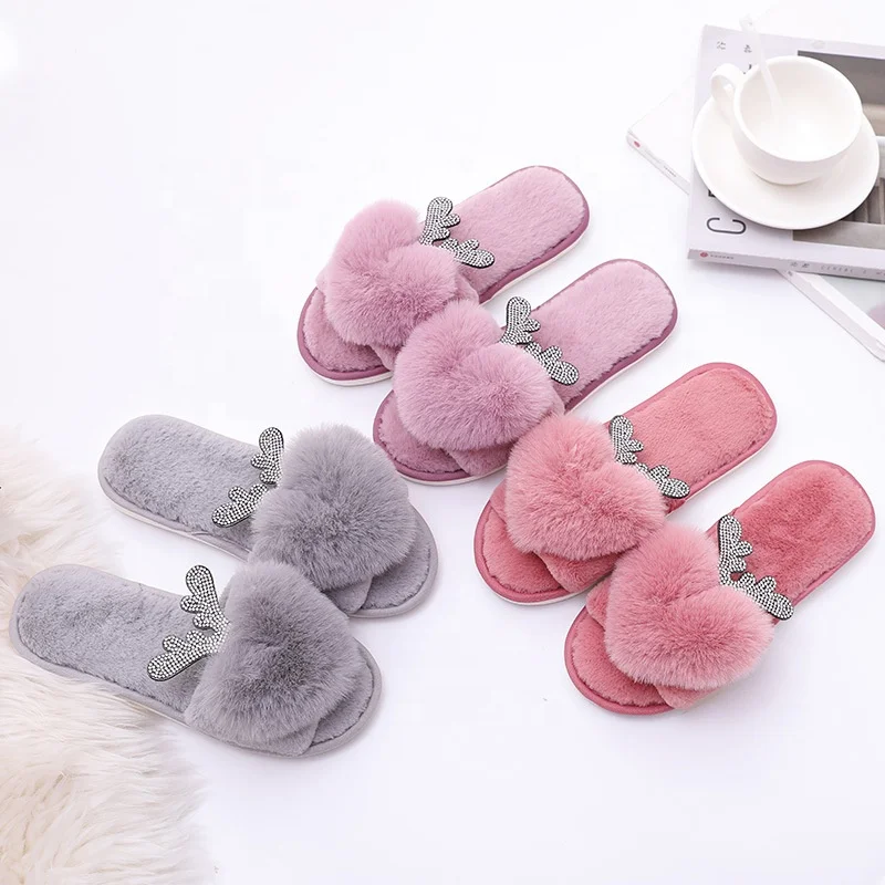 

winter woman open toes furry fur indoor home heart plush slipper